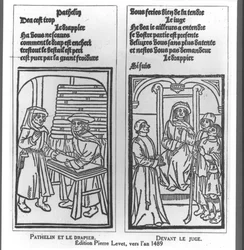 裁判官の前のパテリンとドレイパーとパテリン、「マスターパテリンの茶番」のイラスト、1489年頃
